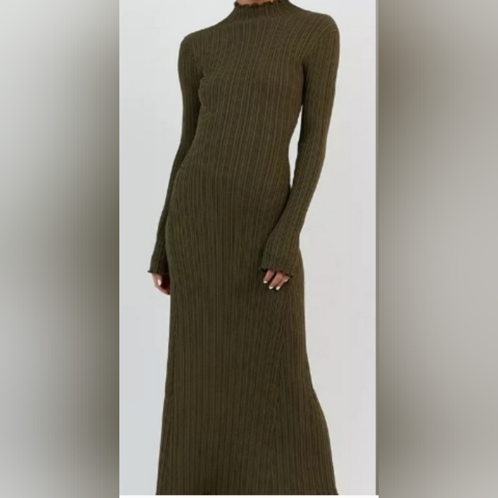 DISSH Olive Green Ribbed Long Sleeve Maxi Dress